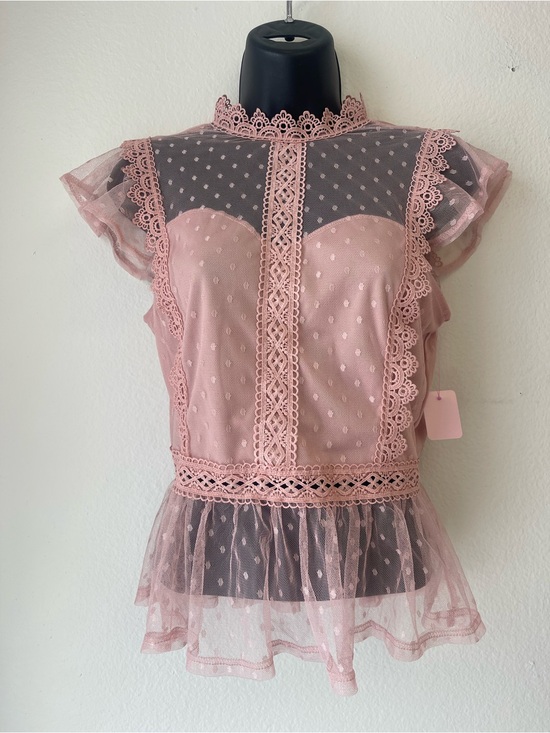 Haute Monde Tops - Haute Monde Dusty Pink Lace Peplum Mesh Blouse